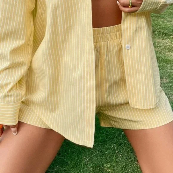 YELLOW STRIPED BLOUSE AND SHORTS SET SUMMER STREETWEAR - Picture 5 of 7
